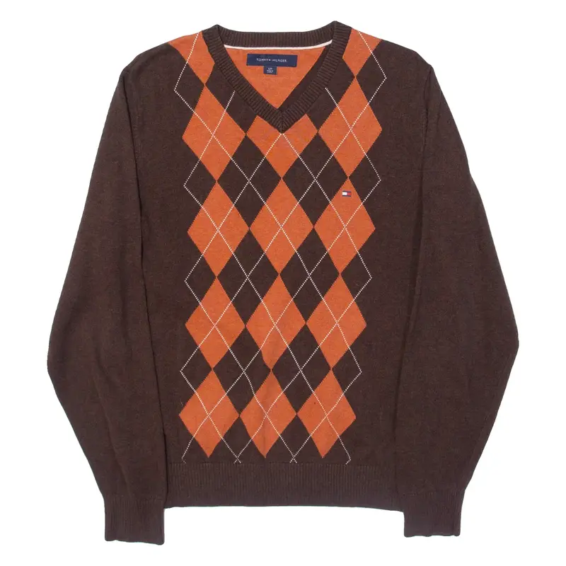 TOMMY HILFIGER Mens Patterned Jumper Brown Argyle V-Neck Tight Knit S