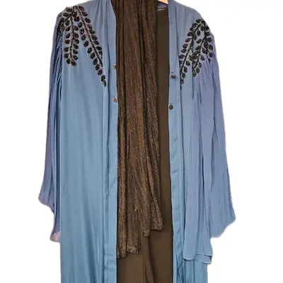 Abaya for Women - Light Blue, Long Sleeves, Button Front, Side Embroidery, Versatile Design, Comfortable Fit