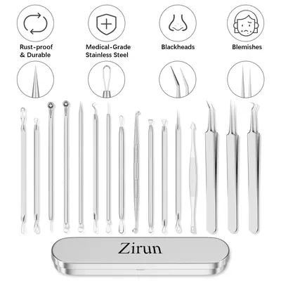 (zirun) Blackhead Removal Tools - 15 Pieces Acne Blackhead Tools, Facial Pore Cleansing, 401 Premium Professional Stainless S...