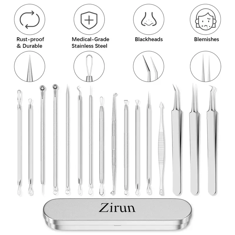 (zirun) Blackhead Removal Tools - 15 Pieces Acne Blackhead Tools, Facial Pore Cleansing, 401 Premium Professional Stainless S...