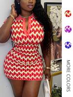 Women's Chevron Print Button Front Bodycon Dress, Casual Sleeveless Polo Neck Mini Dress for Summer, Dresses for Women, Homec...