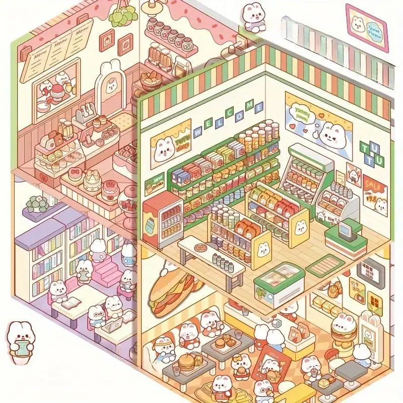 3D House Sticker, 4 Counts DIY Sticker Scene, Make Your Own Mini Room Scenes, Supermarket Coffee Shop Restaurant Bookstore St...