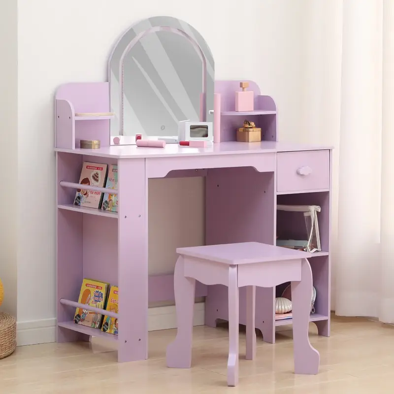 Garvee Kids Vanity with Lighted Mirror, 2 In 1 Little Girls Vanity Table & Stool, Kids Makeup Table with Bookshelf, Drawer & ...