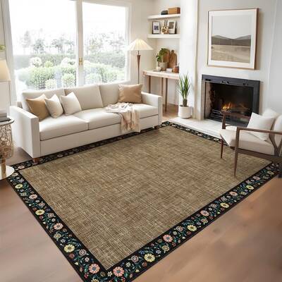 Garvee Bordered Brown 5x7 Washable Floral Area Rug- Non-Slip, Machine Washable - Faux Wool, Low Pile, Stain Resistant - Light...