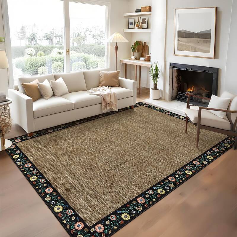Garvee Bordered Brown 5x7 Washable Floral Area Rug- Non-Slip, Machine Washable - Faux Wool, Low Pile, Stain Resistant - Light...