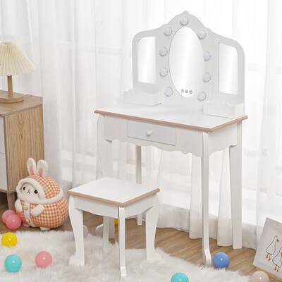 Garvee Kids Vanity Table Set with 3 Mirrors and Light Suitable for Age 3-10, White