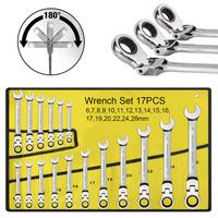 17Pcs Flex Head Ratcheting Wrench Set(6-22MM)- Adjustable, Chrome Vanadium Steel, Manual Operation, No Assembly Required
