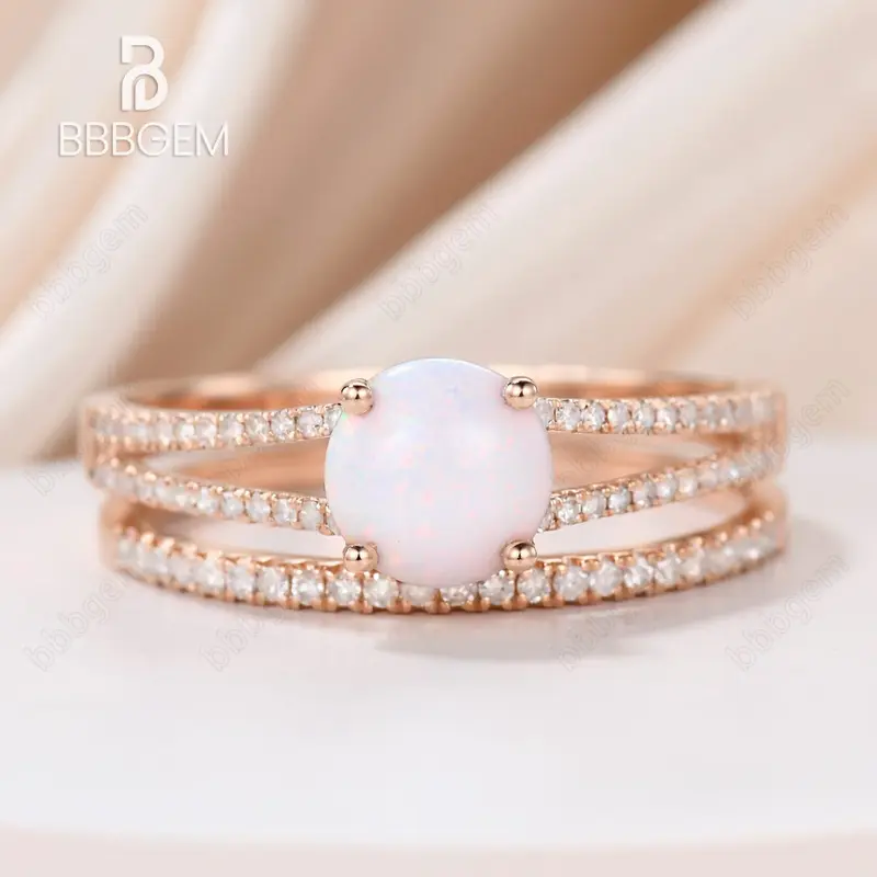 Vintage Opal Engagement Ring Split Shank Set,Pave Set Diamond Band