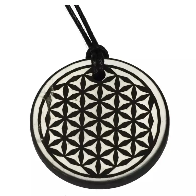Shungite Emf Protection Necklace with Flower of Life Engraved Pendant - Circle Design, Three Sizes