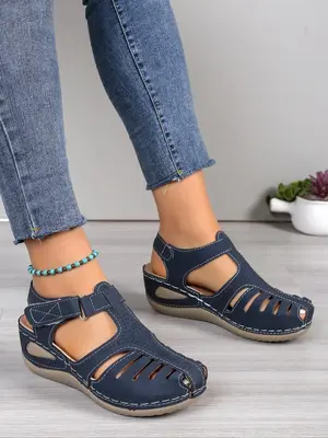 Women's Plain Hollow out Design Wedge Platform Sandals, Casual Comfortable Velcro Non-slip Sandals for Beach Party for Women