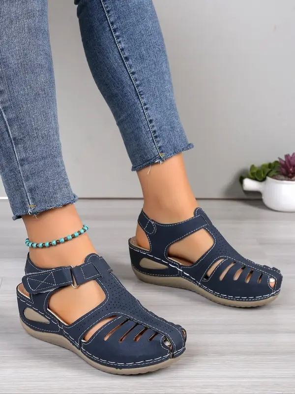 Women's Plain Hollow out Design Wedge Platform Sandals, Casual Comfortable Velcro Non-slip Sandals for Beach Party for Women