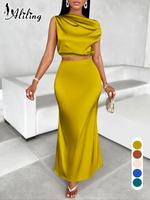 Aliling Women's Solid Color Crop Top & Mermaid Skirt Satin Two-piece Set, Elegant Fashion Casual Top & Skirt for Daily Outdoo...