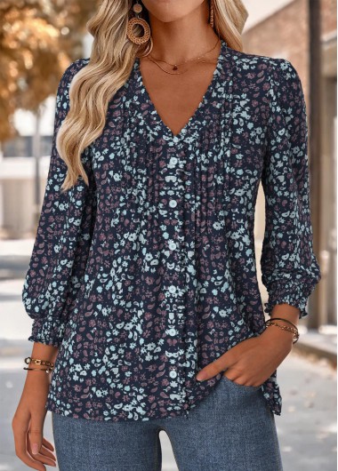 Modlily Navy Frill Floral Print Long Sleeve V Neck Blouse - L
