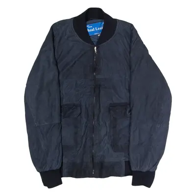 Mens Bomber Jacket Blue Leather Suede 90s XS