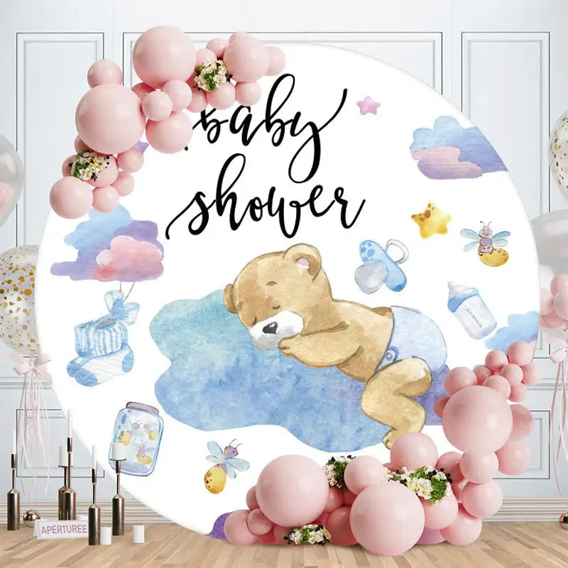 Aperturee Sleepy Bear Round Boys Baby Shower Backdrops