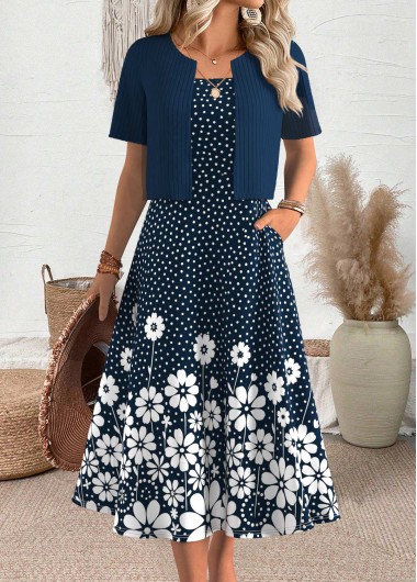 Modlily Navy Polka Dot Short Sleeve Dress and Cardigan - M