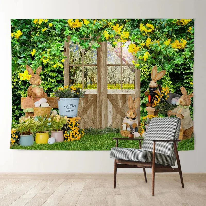 Aperturee Yellow Flower Spring Yard Bunny Easter Day Backdrop