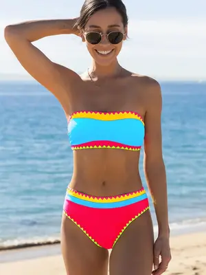 LGBTQ+ Women's Colorblock Bikinis Set, Tie Back Bandeau Bra with Detachable Adjustable Spaghetti Strap & High Cut Panty Swi...