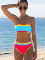 LGBTQ+ Women's Colorblock Bikinis Set, Tie Back Bandeau Bra with Detachable Adjustable Spaghetti Strap & High Cut Panty Swi...