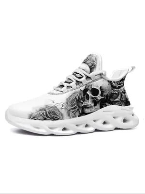 Men's Easter Fashionable Skull Print Lace up Low Top Sneakers, 1 Pair Casual Comfortable Non-slip Shock Absorption Sneakers, ...