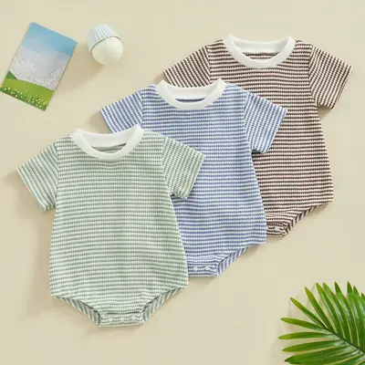 Baby Boy Girl Striped Romper Waffle Short Sleeve Bubble Oversized Bodysuit Summer Clothes
