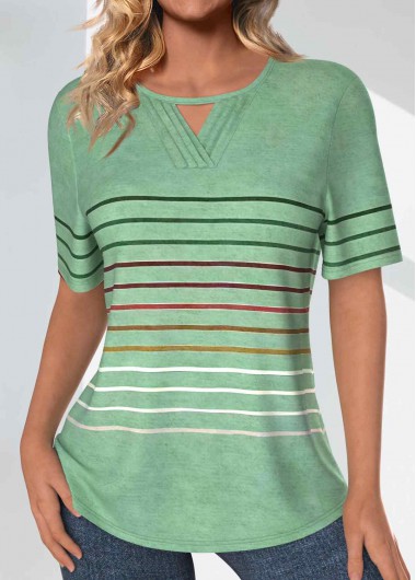 Modlily Light Green Tuck Stitch Striped Short Sleeve T Shirt - M