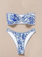 Women's Floral Print Ring-linked Bikinis Set, Boho Ruched Bandeau Swim Top & High Cut Swim Thong, Chic Ladies Bathing Suit, S...