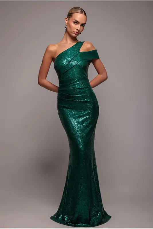 Goddiva One Shoulder Sequin Evening Maxi - Emerald Green