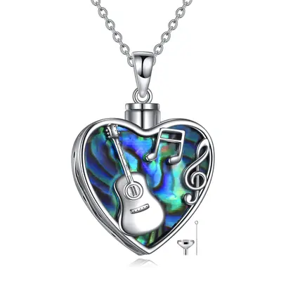 Sterling Silver Heart Abalone Shellfish Guitar With Music Symbol Urn Necklace For Ashes With Engraved Word For Women Best Sis...