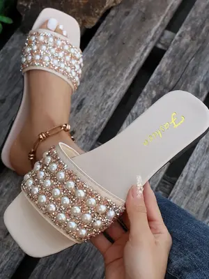Women's Fashionable Faux Pearl Decorated Slide Sandals, Summer 2025 Rhinestone Decorated Open Toe Sandals, Elegant Party Shoe...