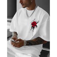 Cotton Short Sleeve  T-Shirt Men's Casual White T-Shirt with Vibrant Red Rose Print - Breathable, Stretchy Polyester, Ideal f...