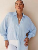 【plus Size】striped Print Button Front Pocket Shirred Blouse, Elegant Plus Size Casual Bishop Sleeve Long Sleeve Top for D...