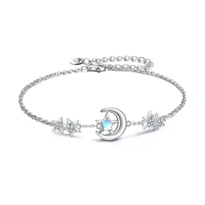 Sterling Silver Circular Shaped Moonstone Moon & Star Single Layer Anklet