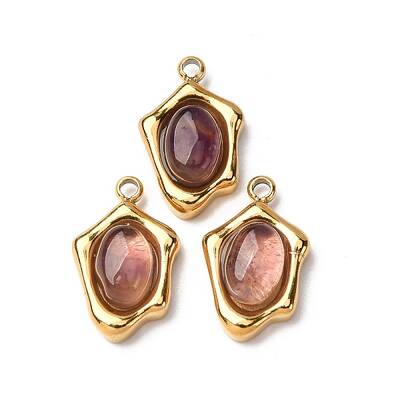 304 Stainless Steel Pave Natural Amethyst Irregular Oval Charms