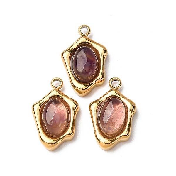 304 Stainless Steel Pave Natural Amethyst Irregular Oval Charms