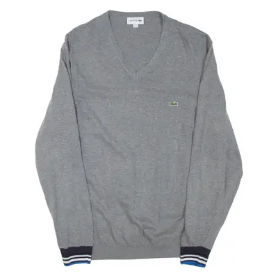 LACOSTE Mens Jumper Grey V-Neck Tight Knit 2XL