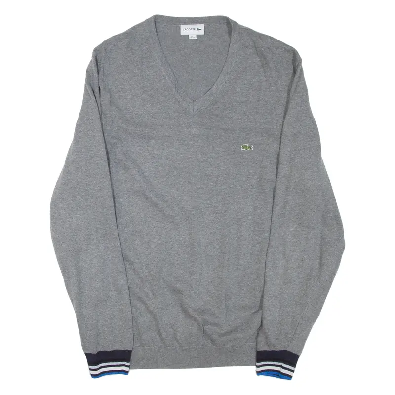 LACOSTE Mens Jumper Grey V-Neck Tight Knit 2XL