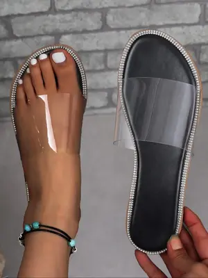 Comfort Rhinestone Decorated Sandals for Women, 2024 Summer Fashionable Minimalist Open Toe Slippers, Girl's Simple Wide Band...