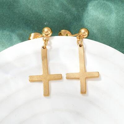Upside Down Cross 201 Stainless Steel Dangle Stud Earrings