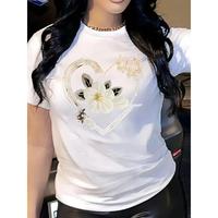 Women's Fashion Casual Crew Neck T-Shirt with Floral Heart Print - Soft Polyester Blend, Spandex/Polyester Knit, Machine Wash...