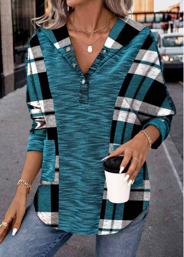 Modlily Peacock Blue Patchwork Plaid Long Sleeve Hoodie - L