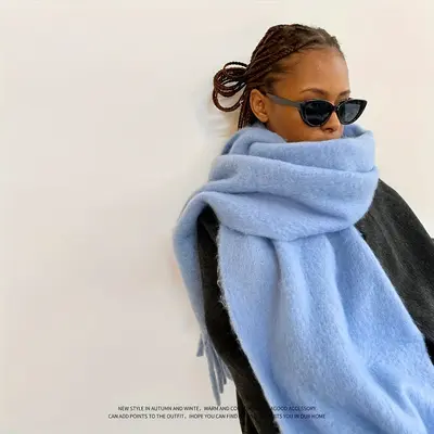 Womens Plush Chunky Scarf Solid Color Thick Tassel Shawl Winter Windproof Coldproof Outdoor Wrap