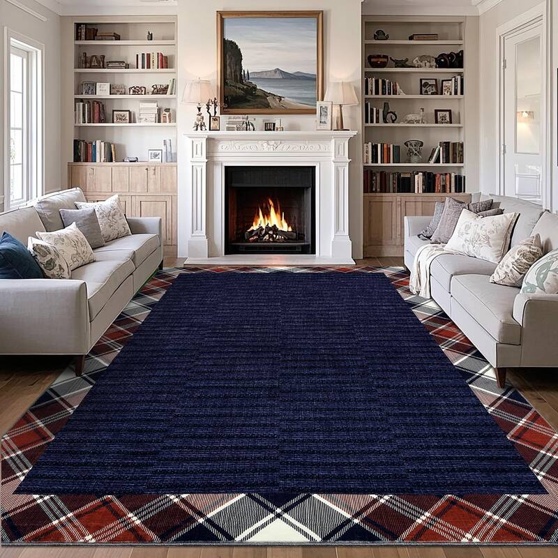 Garvee Modern Checkered Bordered Rug 10x13 Washable Stain Resistant Low Pile Soft Non Shedding Non Slip Foldable Indoor Livin...
