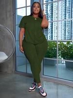 【Plus Size】 Solid Tee & Skinny Pants Two-piece Set, Casual Fashion Cozy Round Neck Top & Trousers for Daily Outdoor Wear,...
