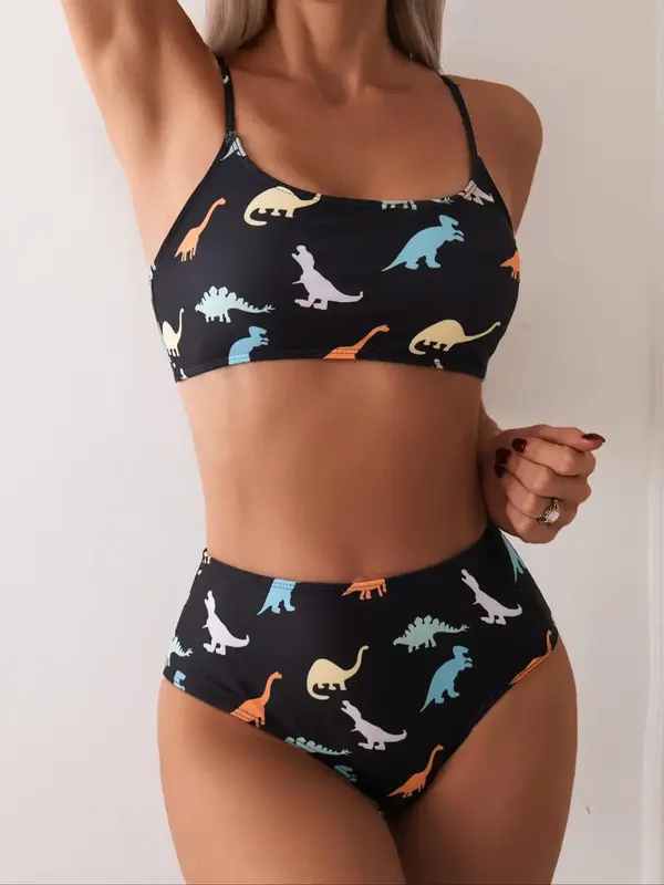 Women's Cartoon Dinosaur Print Bikinis Set, Adjustable Spaghetti Strap Wireless Swim Bra & High Waist Swim Panty, Ladies Summ...