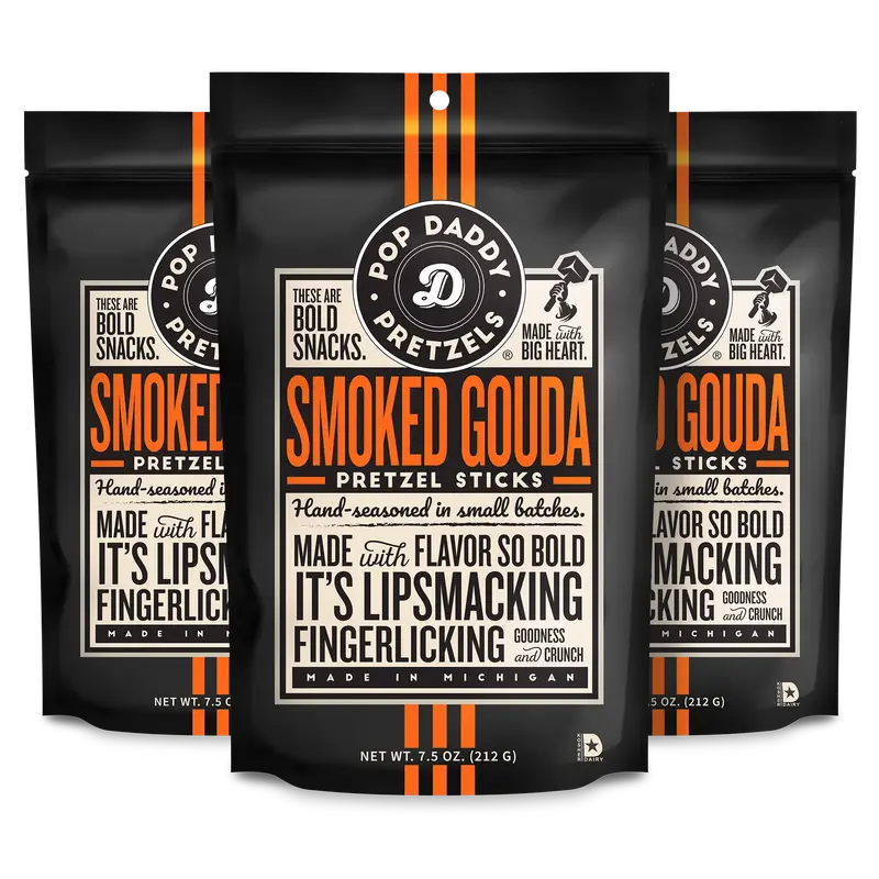 Pop Daddy Flavored Pretzels Sticks | Healthy Gourmet Pretzels Snacks | 7.5oz Individual Bags | 3 Pack | Smoked Gouda
