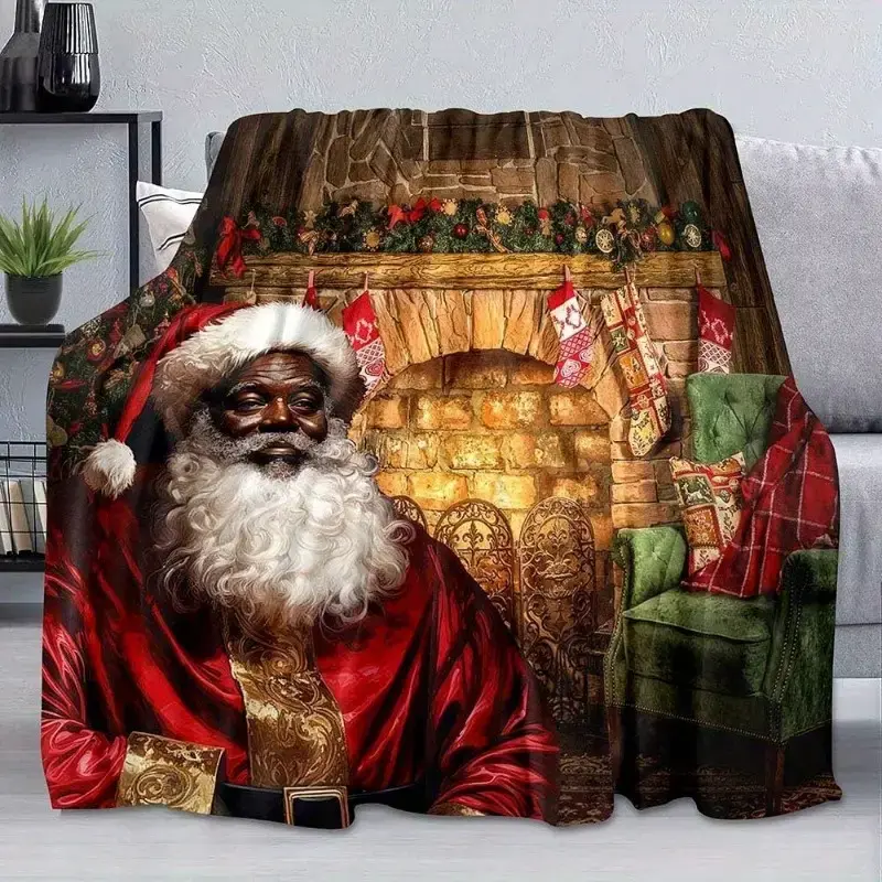 Black Santa Claus Blanket, African American Blanket, Winter Christmas Holiday Merry Christmas Blanket, Comfortable Warm Light...