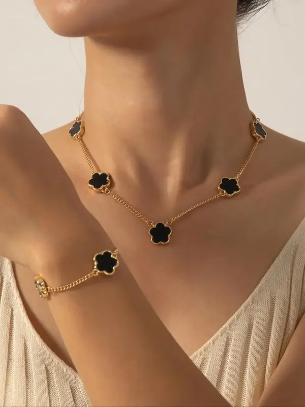 2pcs/set Women's Elegant Fashion Flower Decorated Necklace & Bracelet, Casual Trendy Jewelry Set for Party, Daily Clothing De...