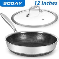 12 inches Frying Pan Nonstick Deep Sauté Pan and Lid, Non Stick Stainless Steel Pan Dishwasher and Oven-Safe, Compatible wit...
