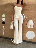Women's Solid Color Sleeveless Tube Top & Skinny Pants Set, Elegant Fashion Minimalist Casual Top & Slim Flared Leg Trousers ...